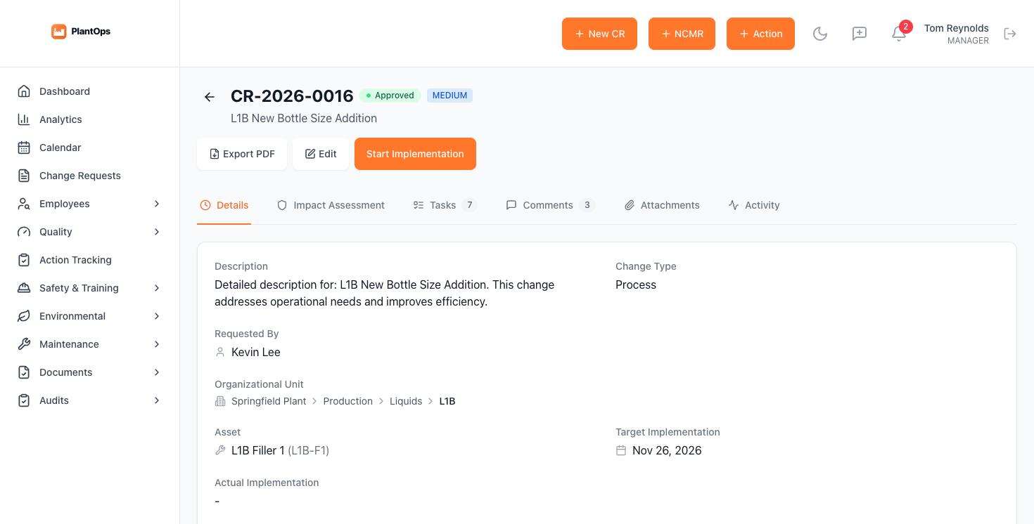 A change request's detail page with tasks, comments and activity