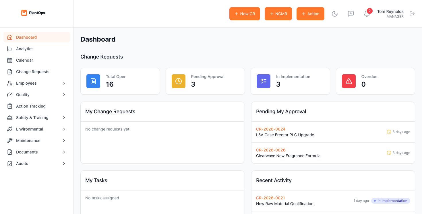 PlantOps dashboard showing open change requests, pending approvals and recent activity